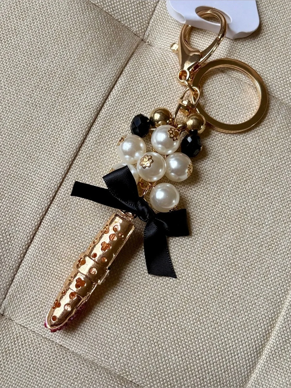 Pearl & Black Ribbon Lipstick Keychain Bag Charm